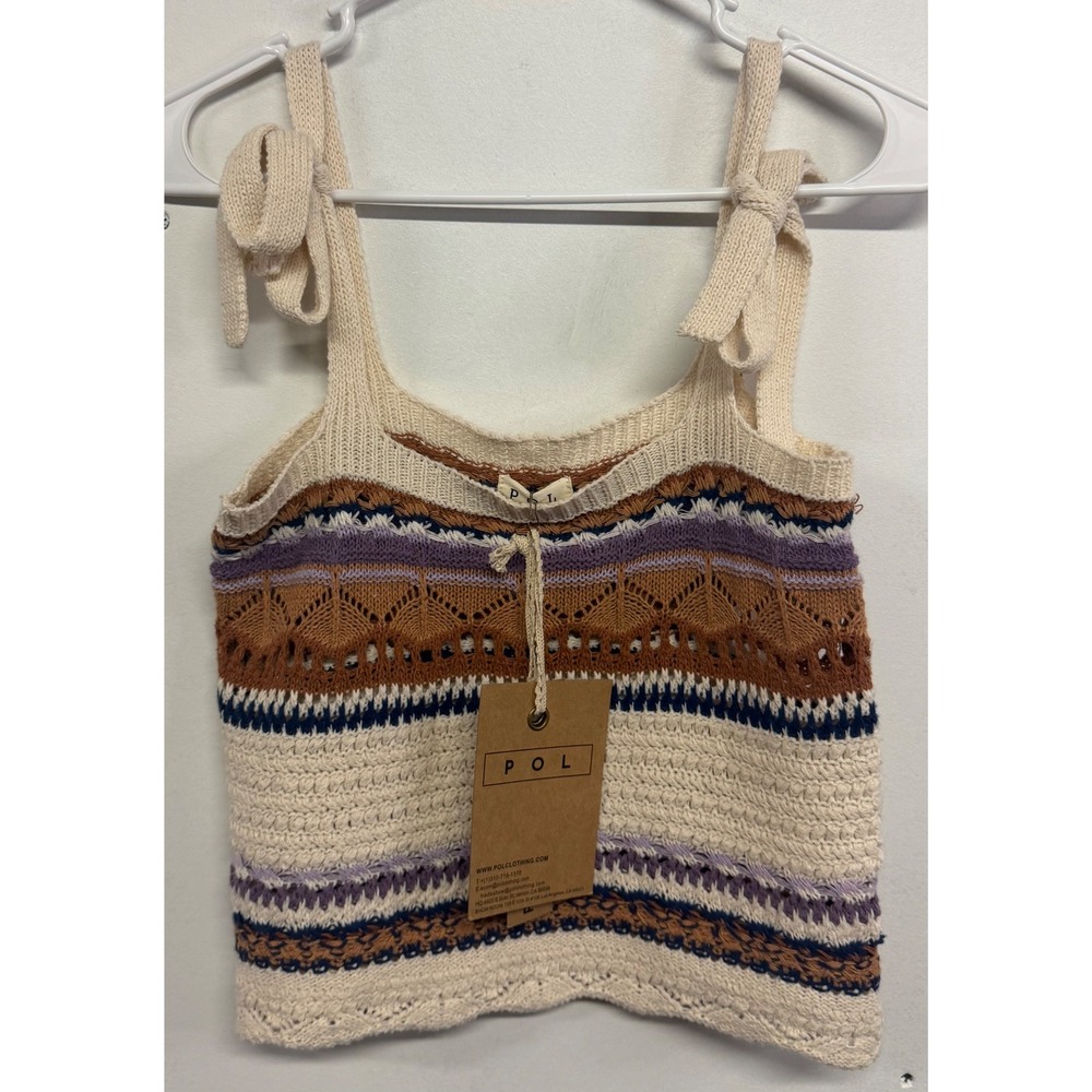 POL Oatmeal Multi Knit Tie Shoulder Camisole Top YST528 Boho Crochet Style Small